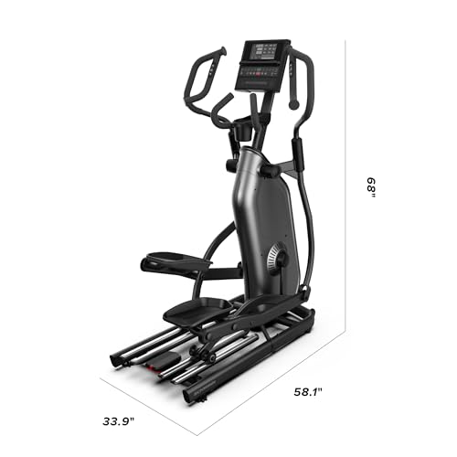 Elliptical trainer with dimensions labeled on a white background