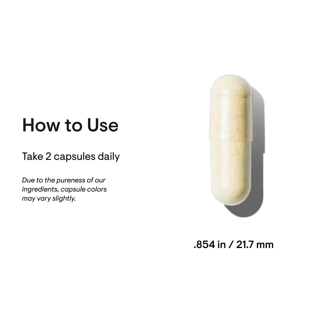 Capsule with usage instructions and dimensions on a white background