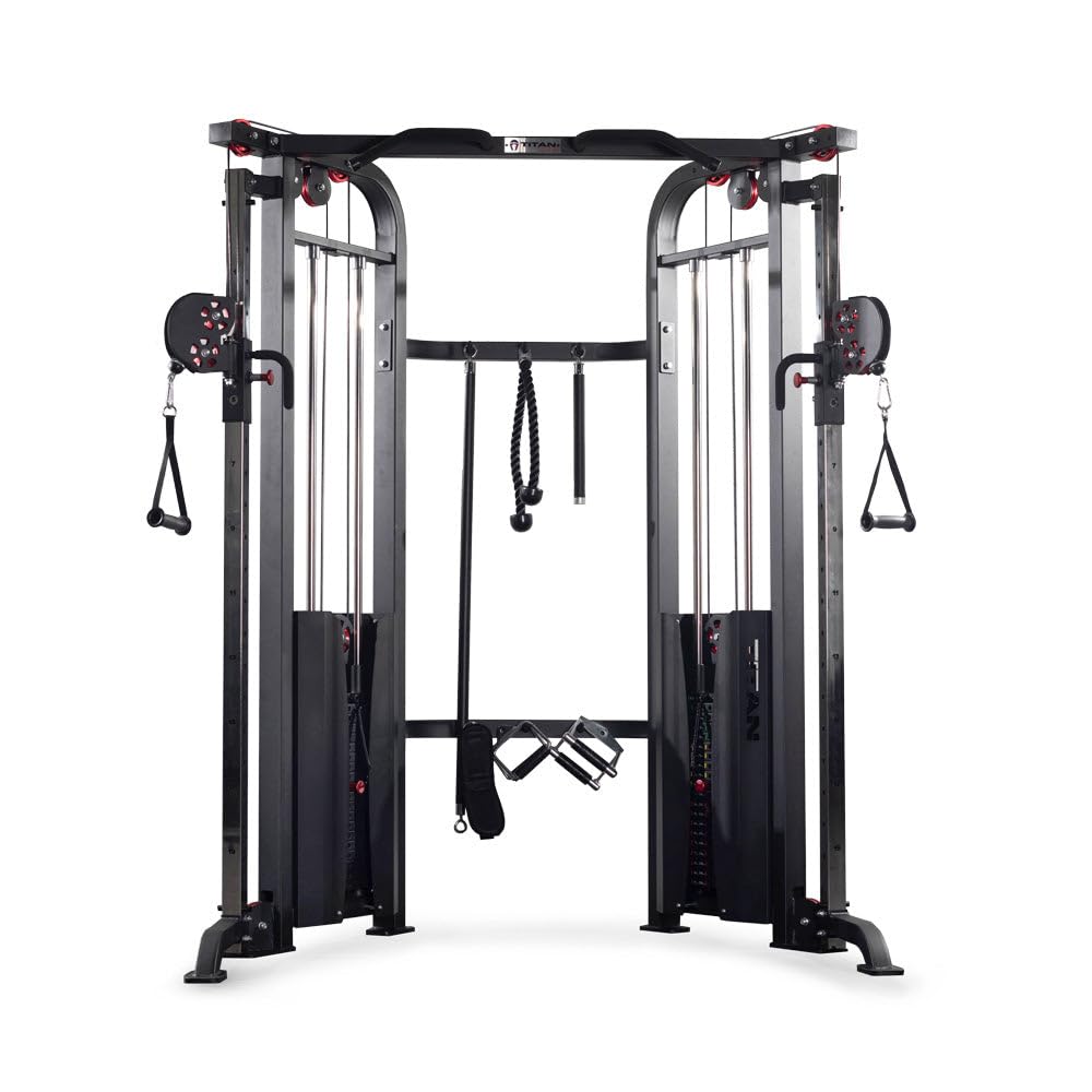 Gym equipment with multiple attachments on a white background