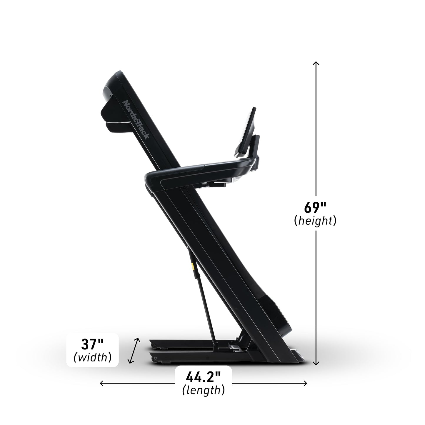 Black adjustable stand with measurements on a white background