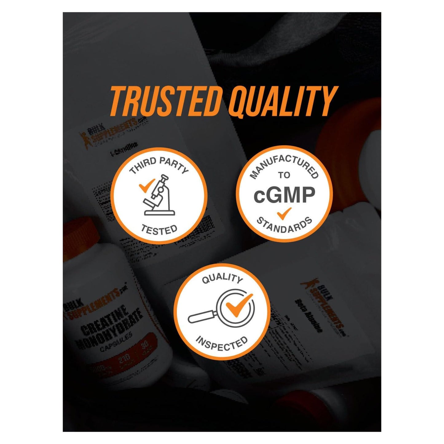 Product packaging with 'Trusted Quality' certification logos on a dark background