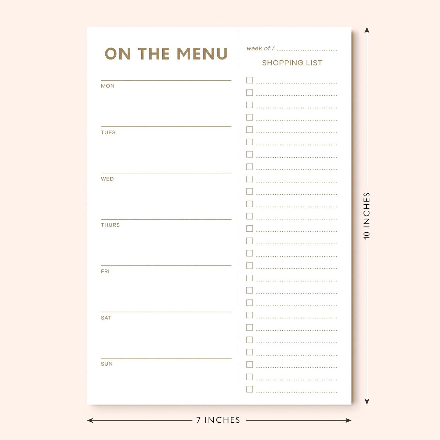 Menu planning and shopping list notepad with dimensions on a beige background