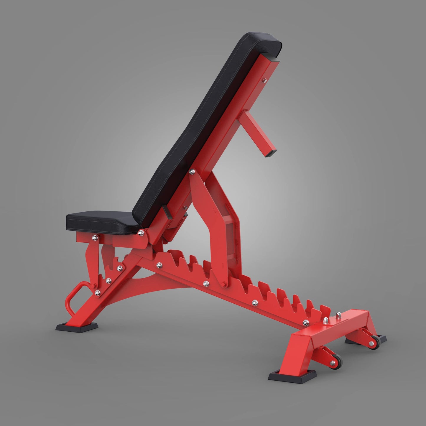 Red weight bench with black seat on a gray background