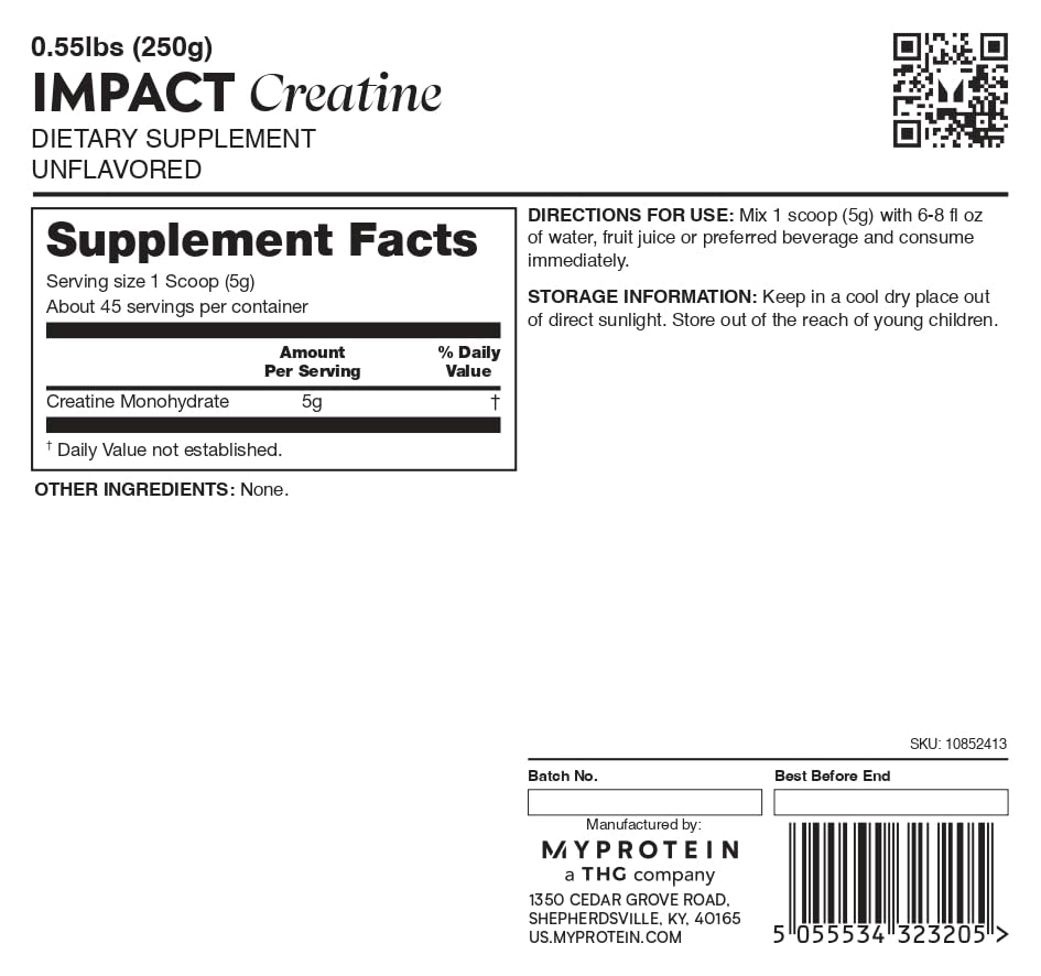 Label of Impact Creatine dietary supplement with supplement facts and branding details.