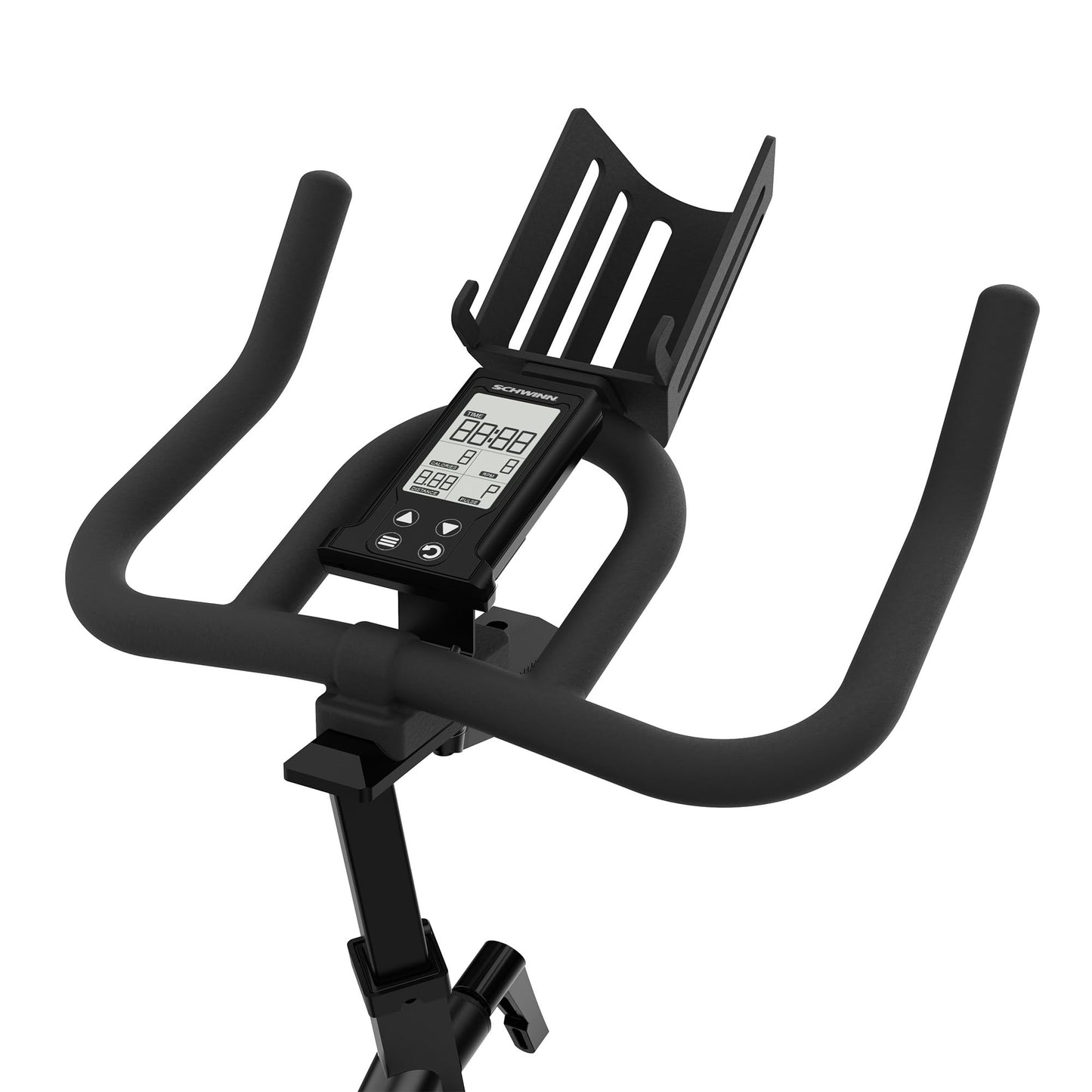 Black exercise bike handlebar with digital display on a white background