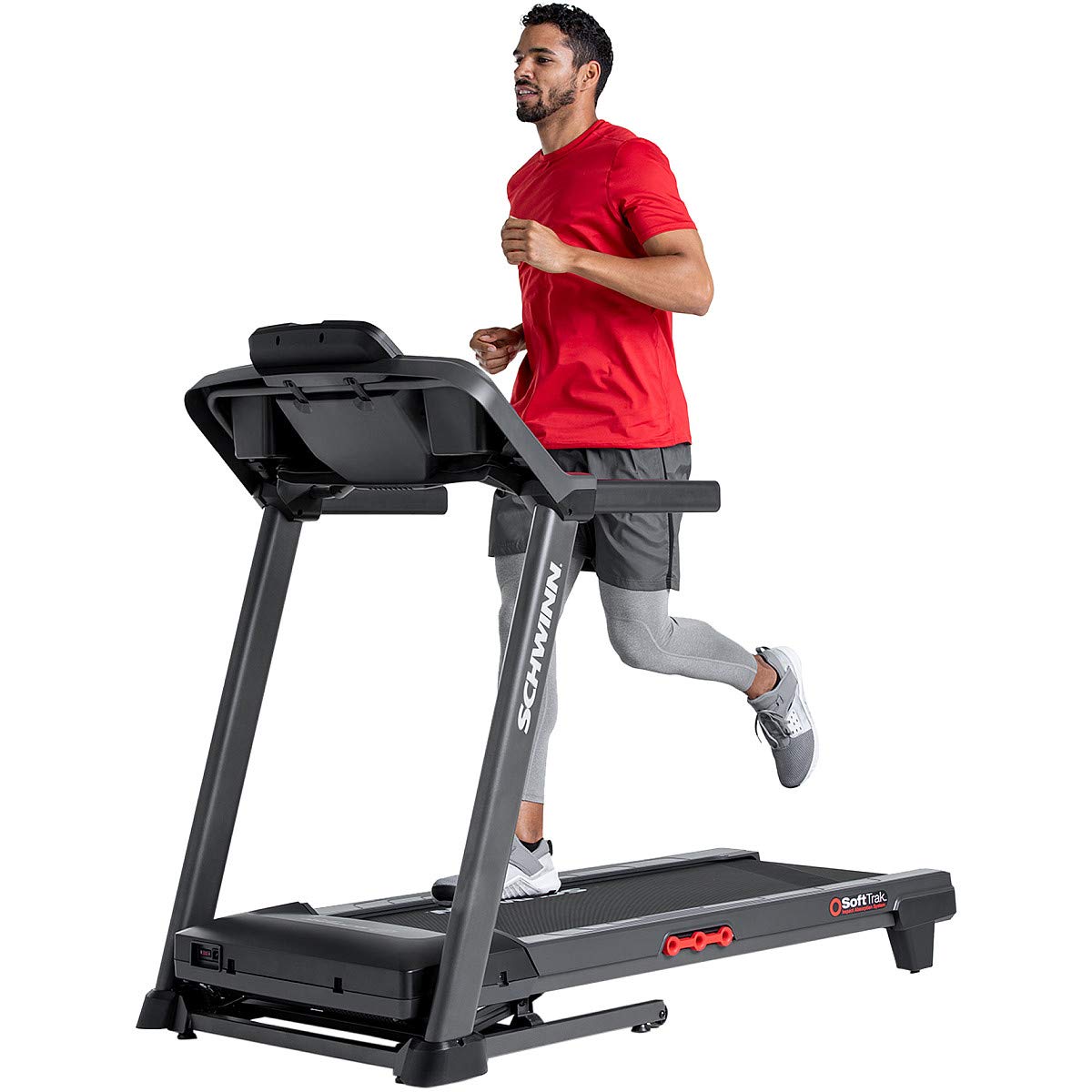 Man running on a treadmill with a visible brand logo on a white background