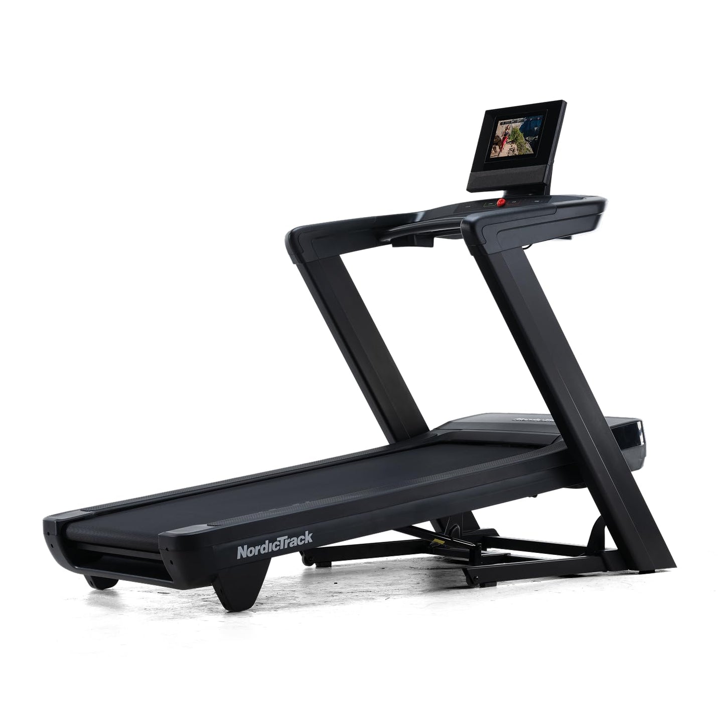 NordicTrack treadmill with a tablet on a white background