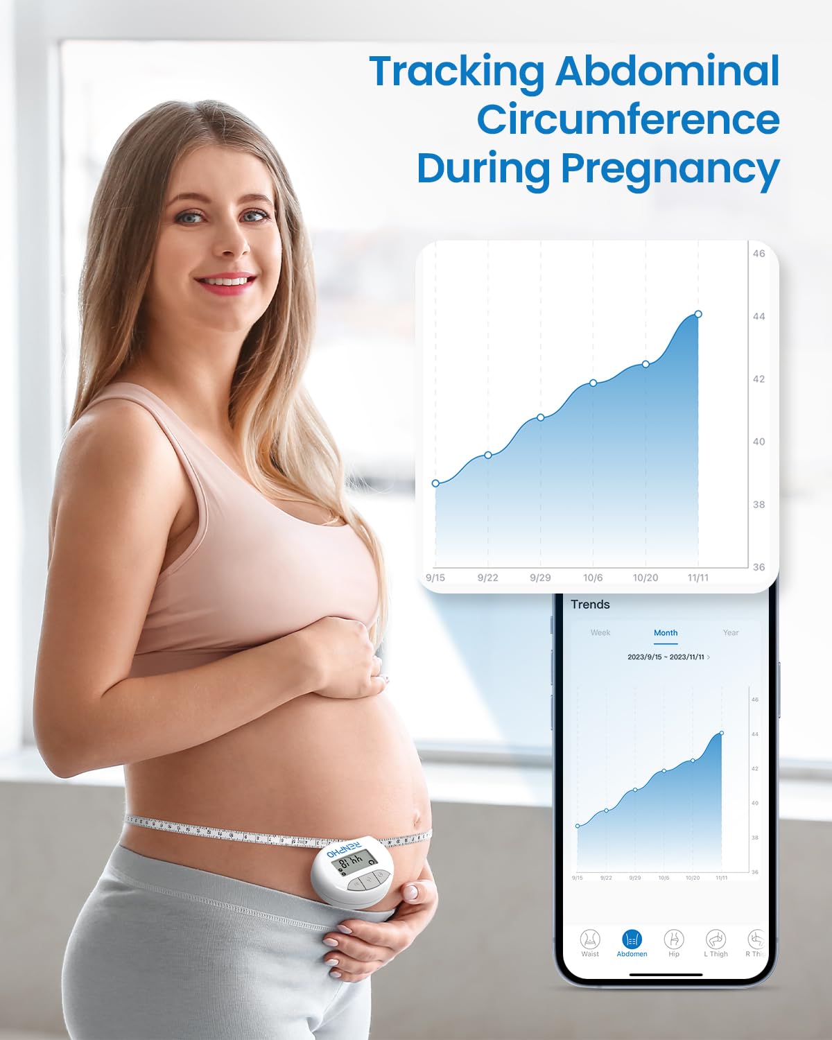 Pregnant woman with a device on her belly and a graph on a screen, tracking abdominal circumference.