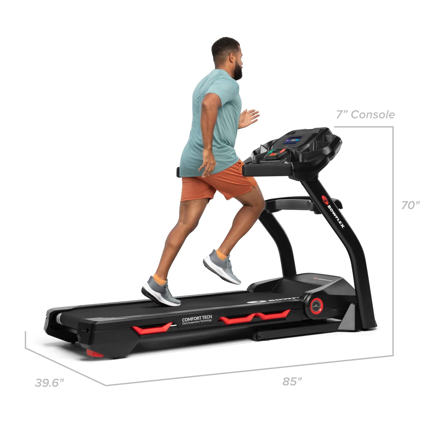 Man running on a treadmill with dimensions displayed