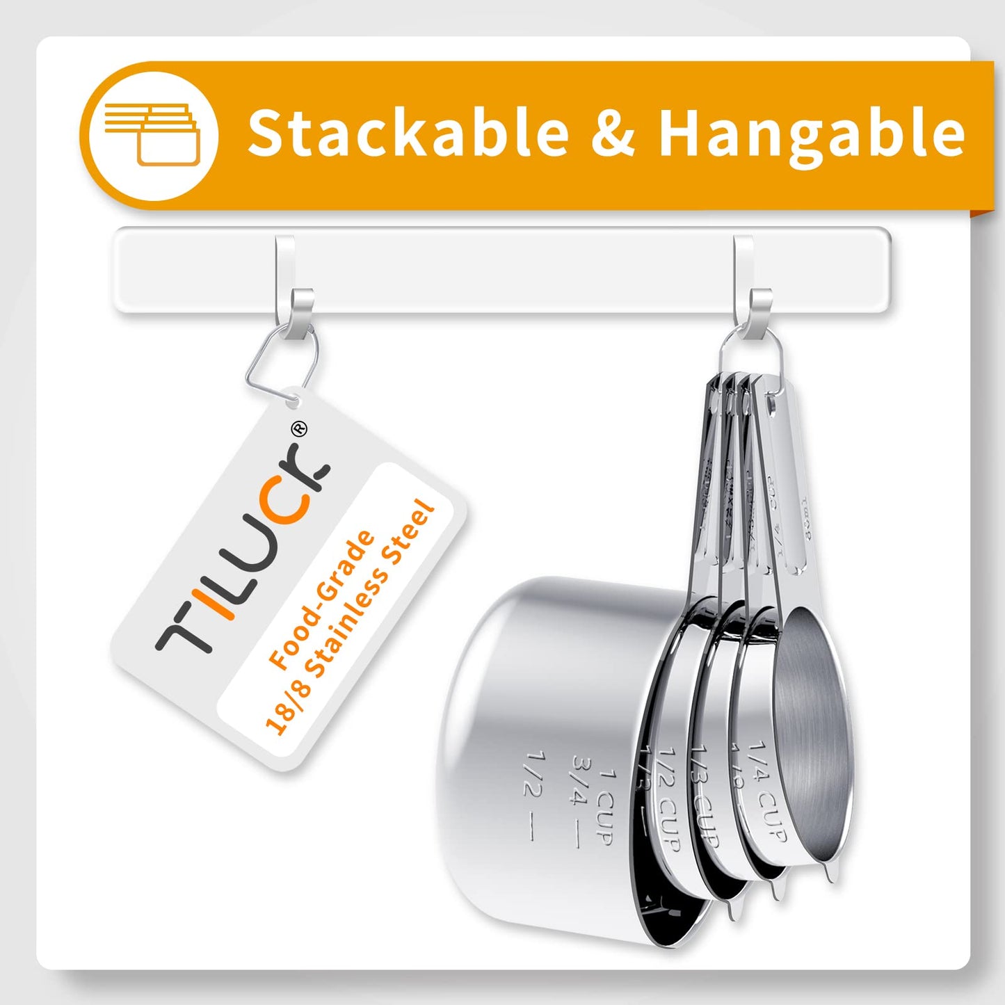 Set of metal measuring cups with TILUCR branding on a white background