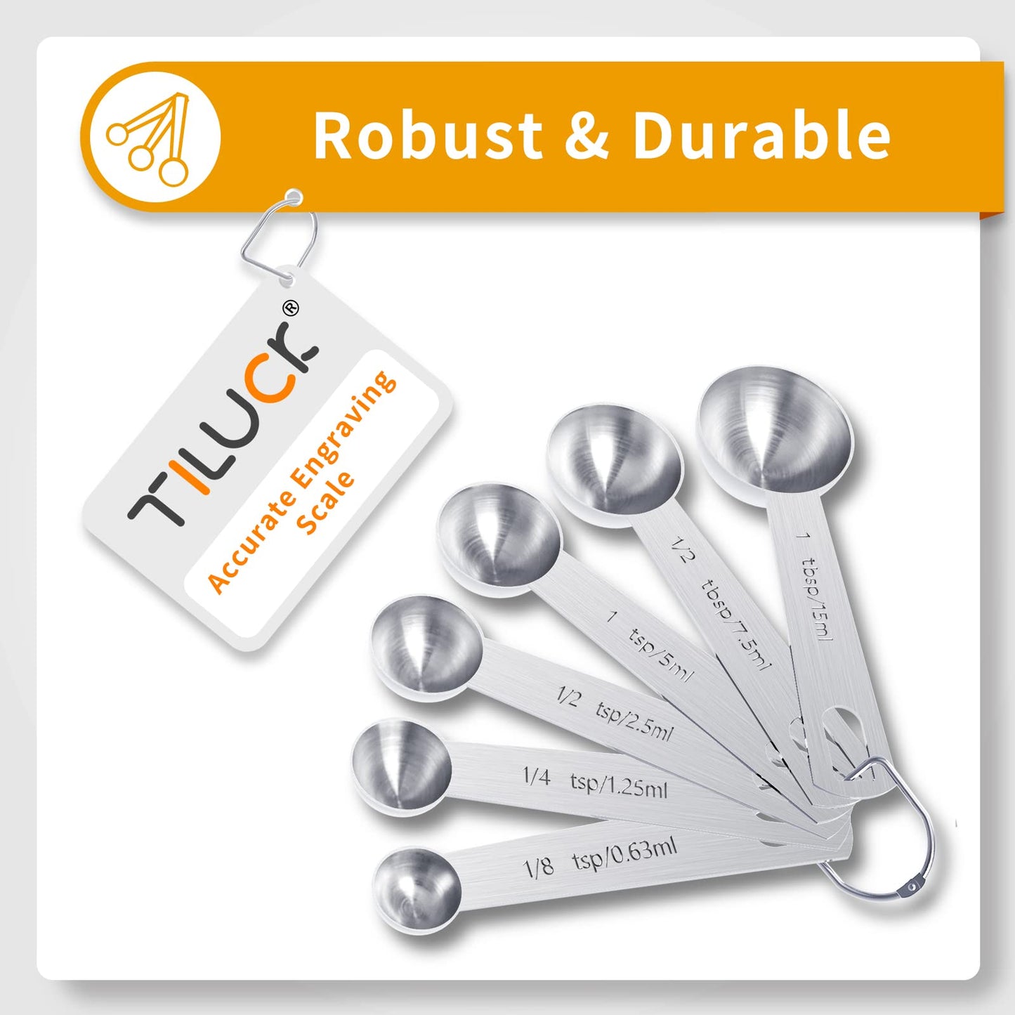 Set of metal measuring spoons with TILUCE branding on a white background