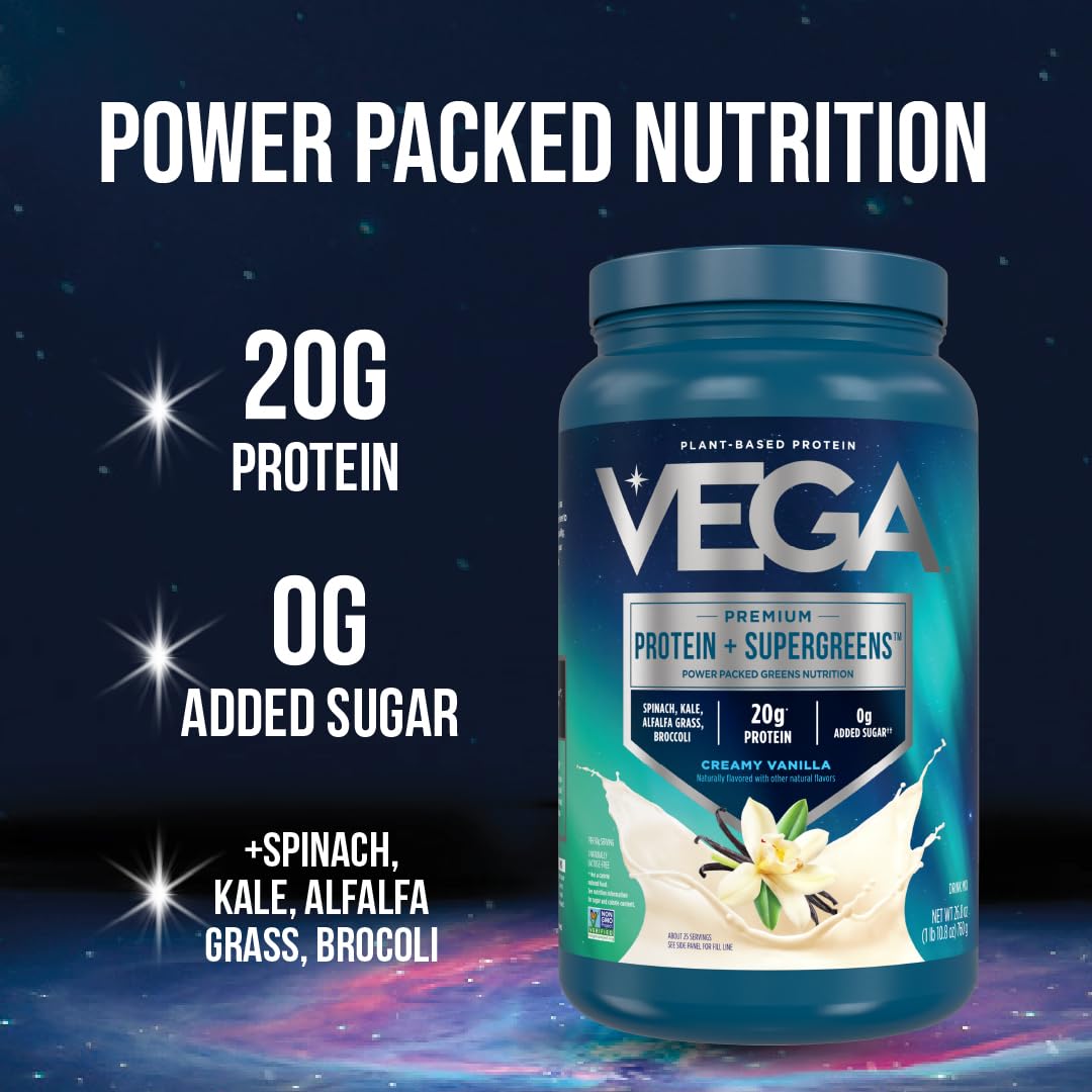 Vega protein supplement container with text highlighting nutrition facts on a space-themed background