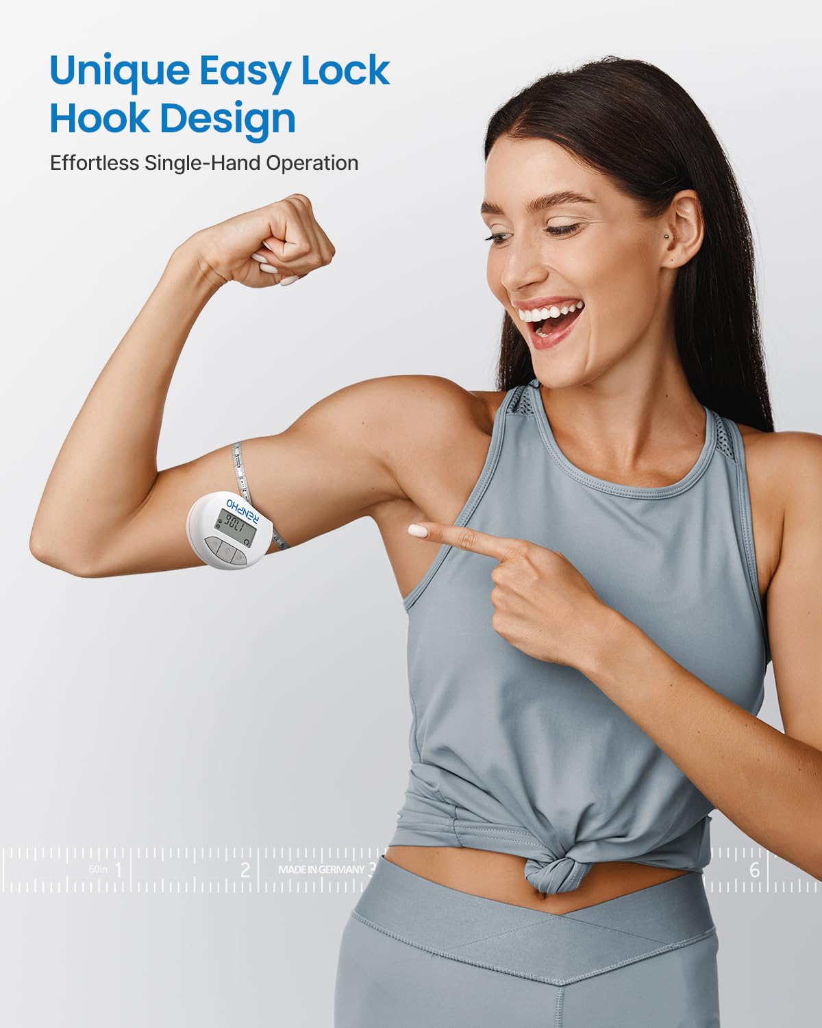 Woman in athletic wear pointing to a device on her arm with text about a unique lock design.