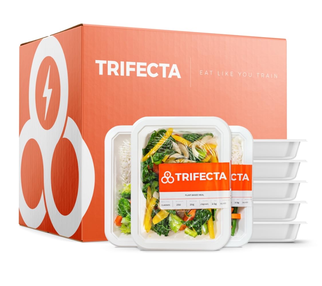 Trifecta meal packaging with containers and a branded box on a white background