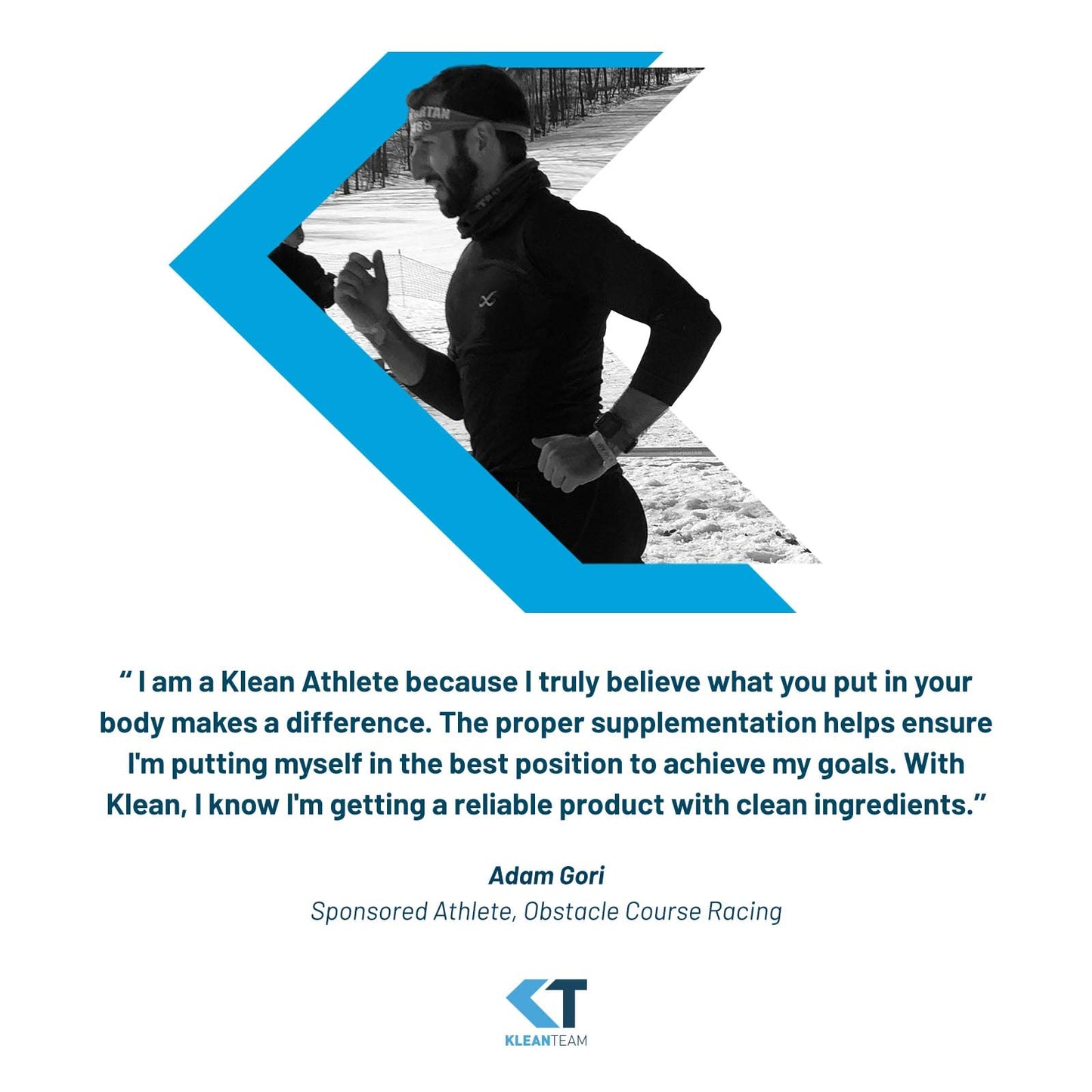 Person running with a blue geometric design overlay and text about Klean Athlete.