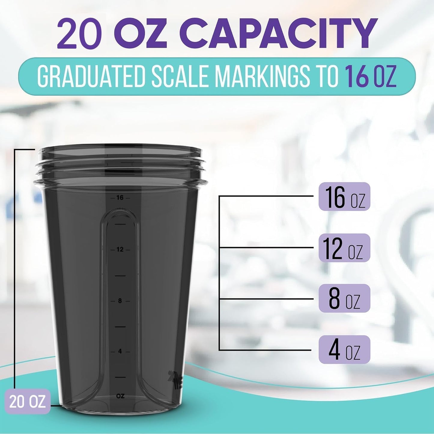 Black tumbler with graduated scale markings on a light blue background