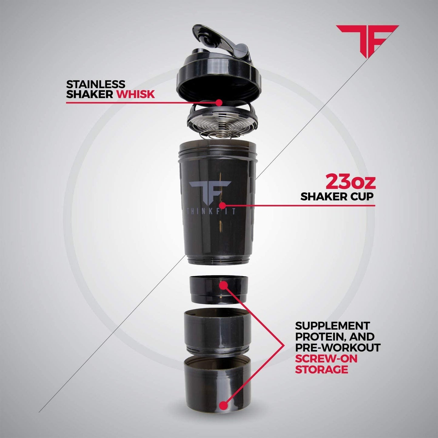TF Shaker with labeled parts on a gray background