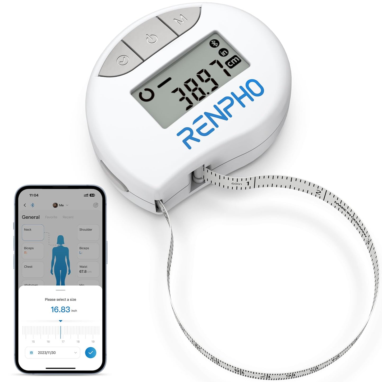 Renpho body fat analyzer with smartphone app on a white background