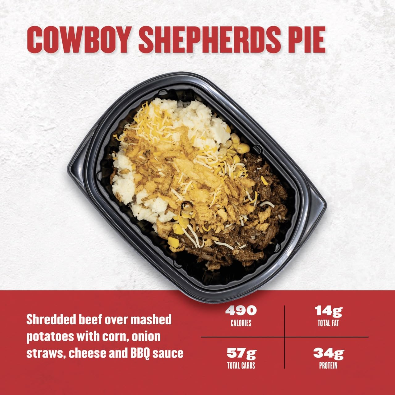 Container of cowboy shepherds pie with nutritional information on a white background
