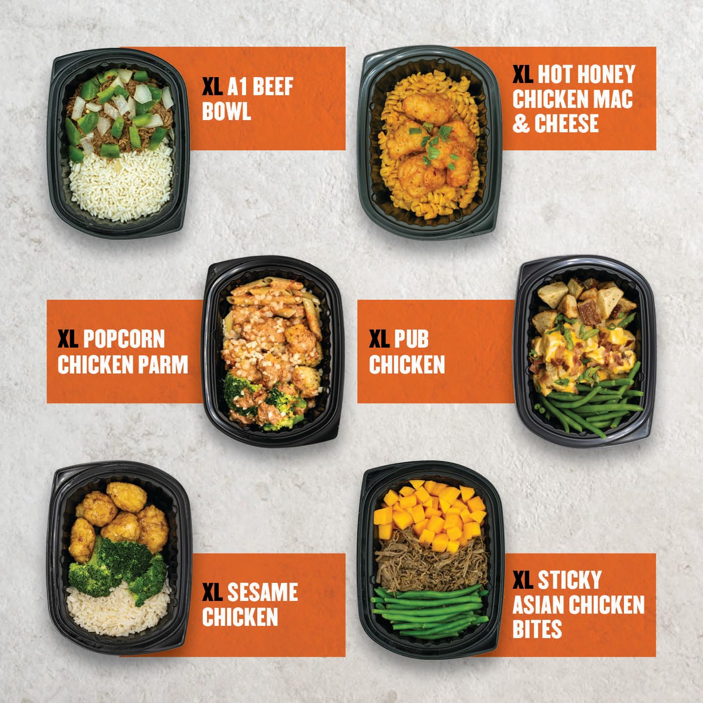 Assorted meal prep containers with labels on a light gray background