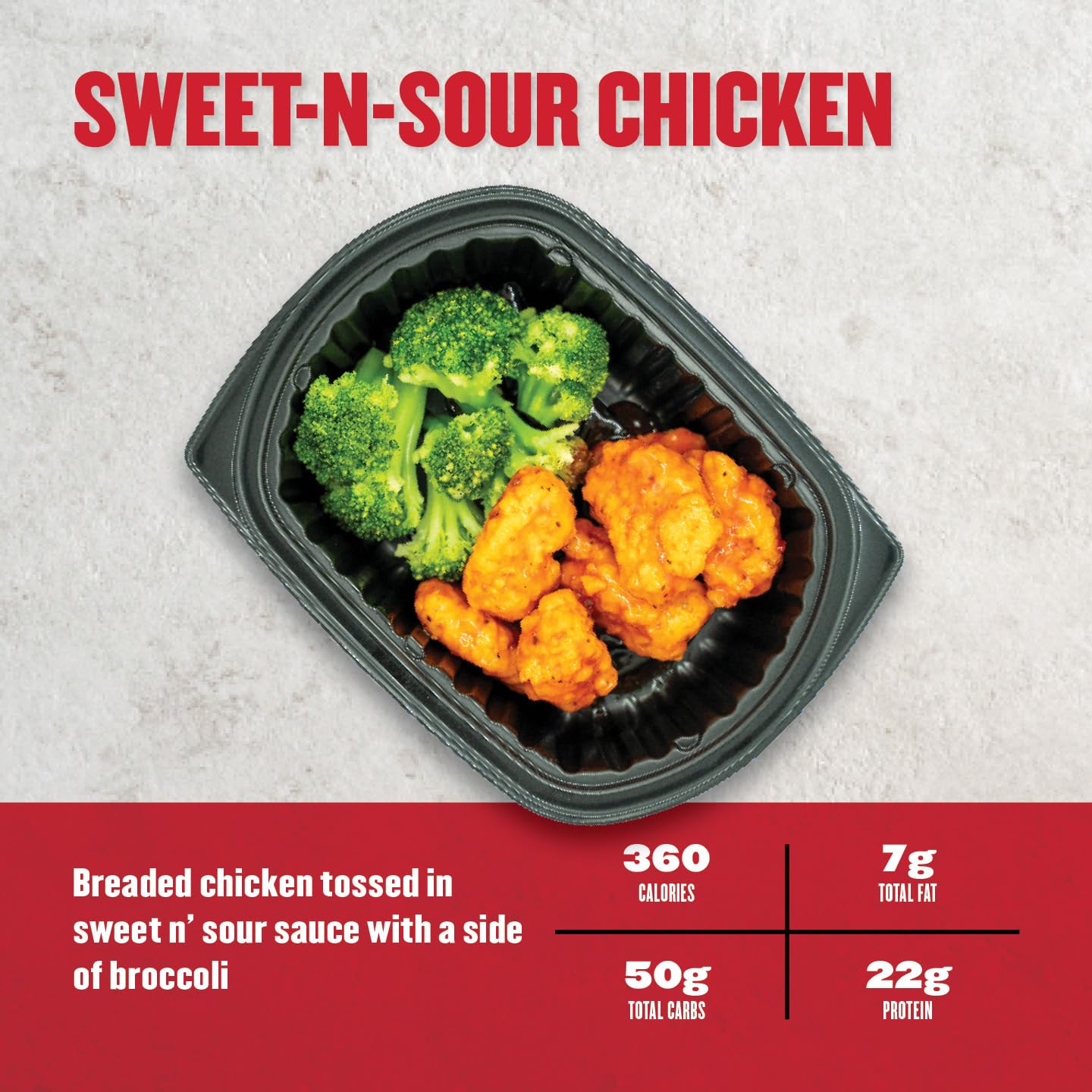 Sweet-n-sour chicken dish with broccoli in a black container on a light gray background