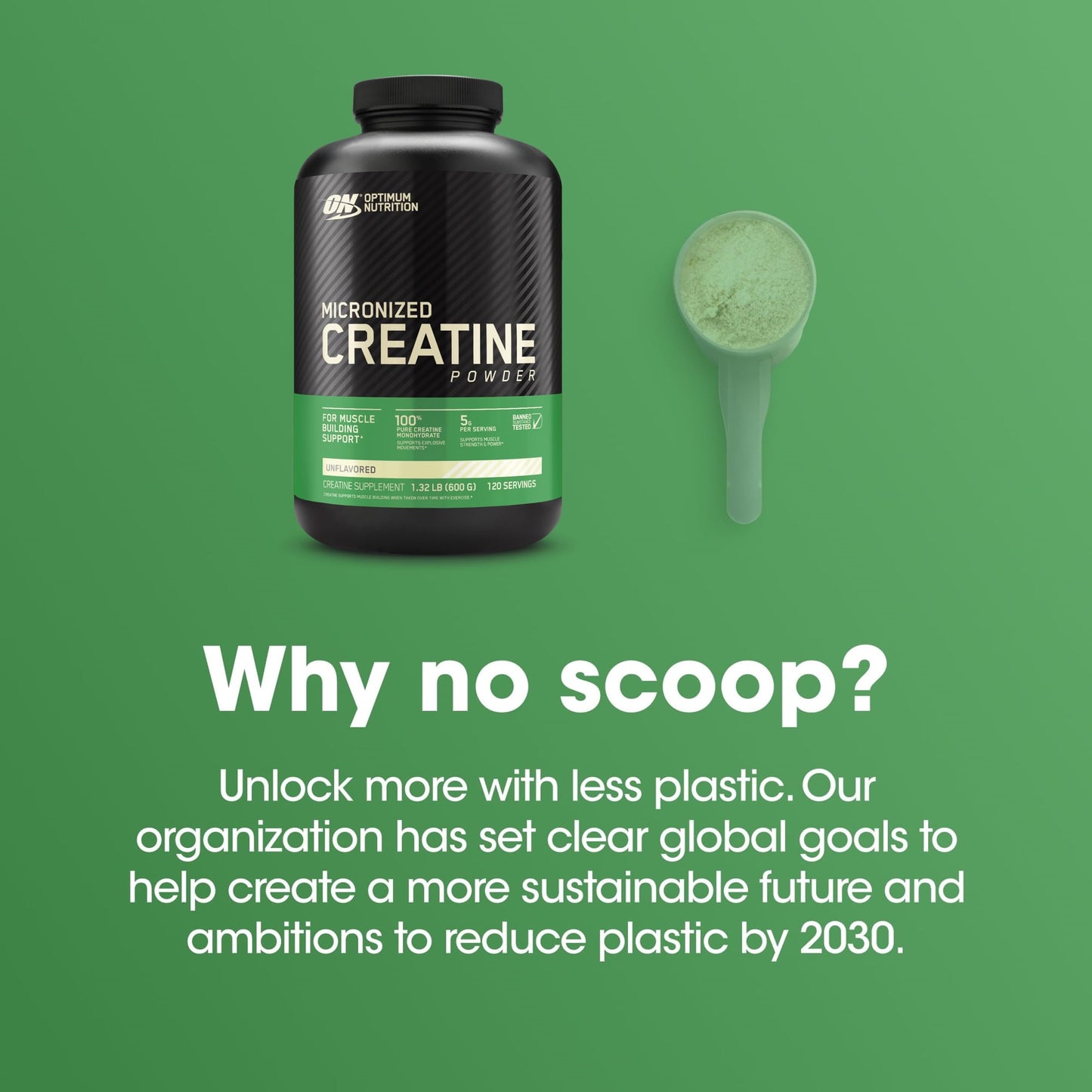 Optimum Nutrition Creatine Powder container with a scoop on a green background