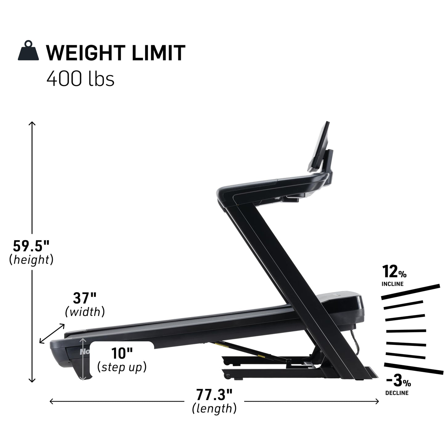 Measurement chart of a piece of exercise equipment with dimensions and weight limit.