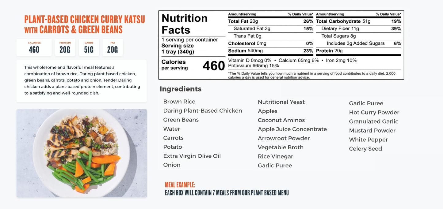 Nutrition label and ingredients list for a plant-based chicken curry katsu dish with carrots and green beans.
