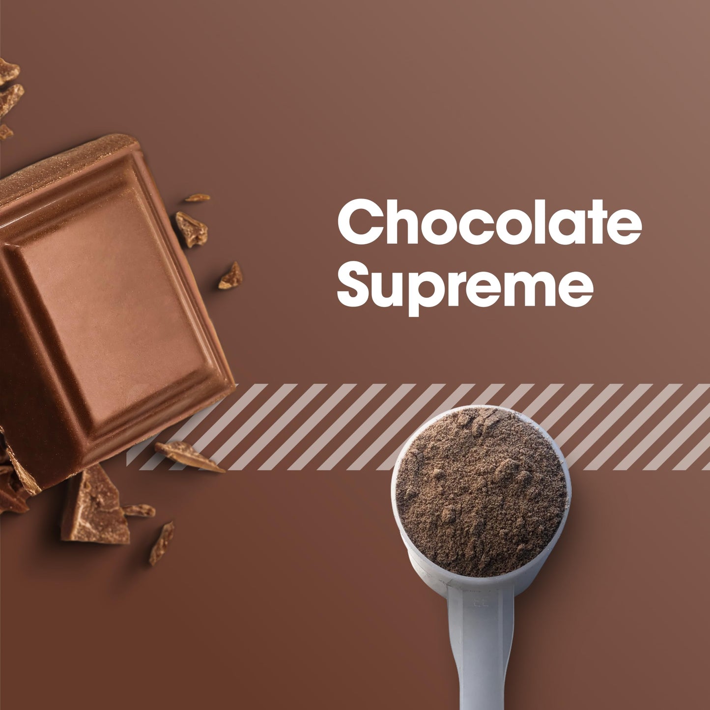 Chocolate Supreme product with a chocolate bar and scoop of powder on a brown background