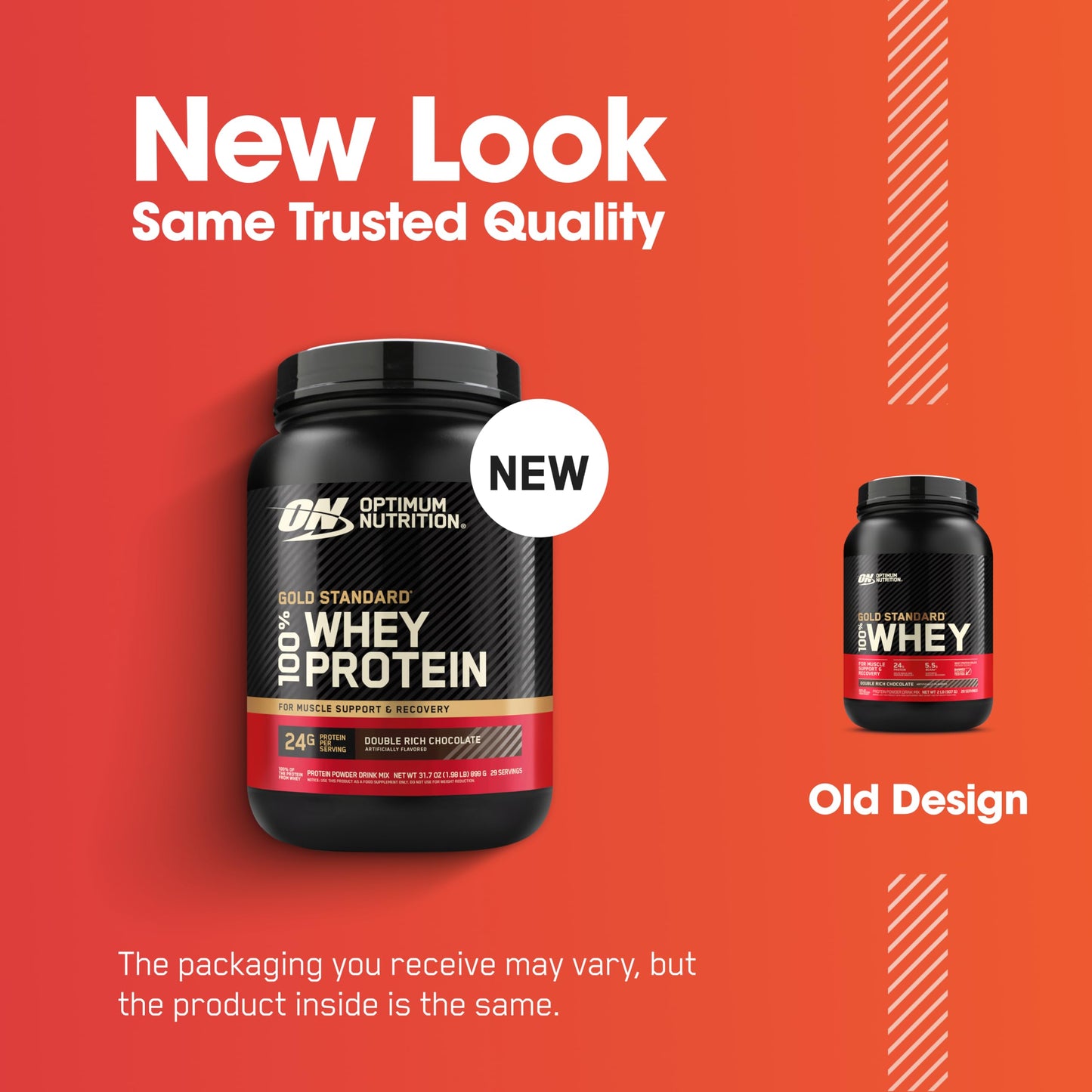 Optimum Nutrition Gold Standard 100% Whey Protein on an orange background with text about new packaging design.