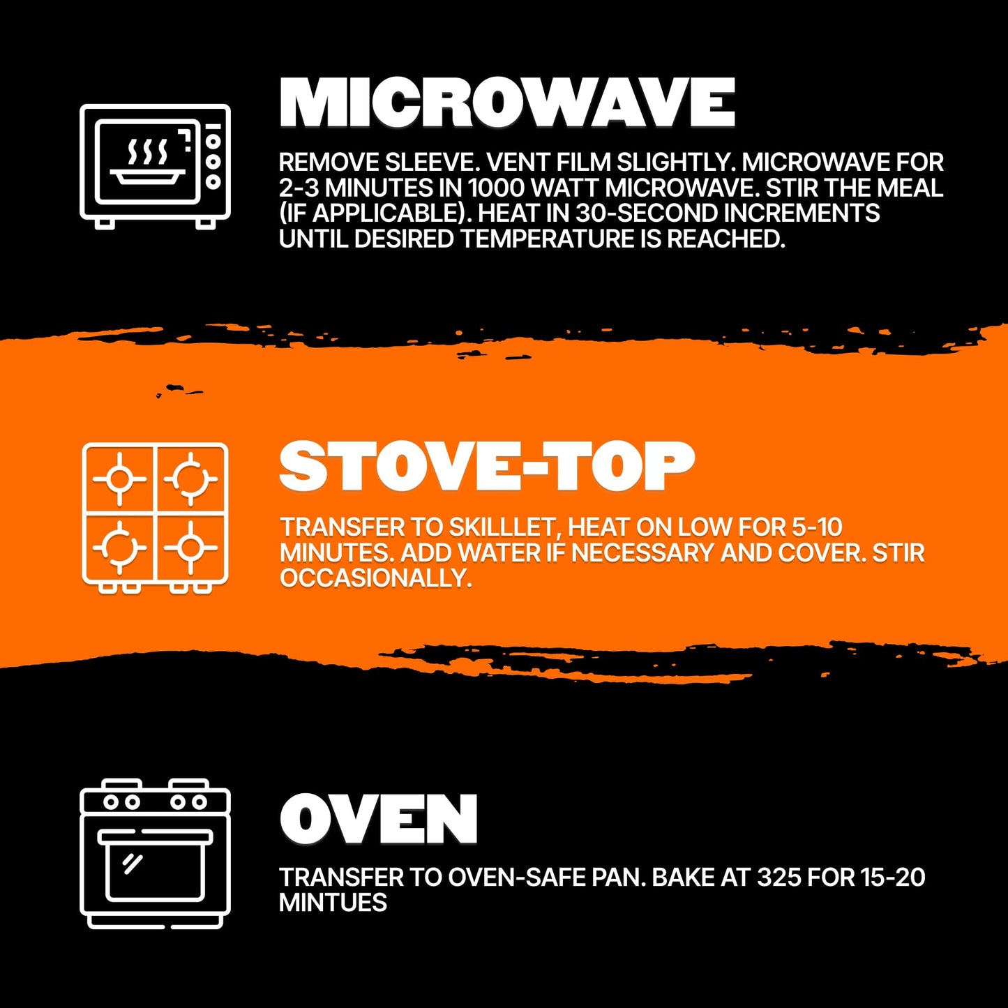 Instructions for heating a product using microwave, stove-top, and oven.