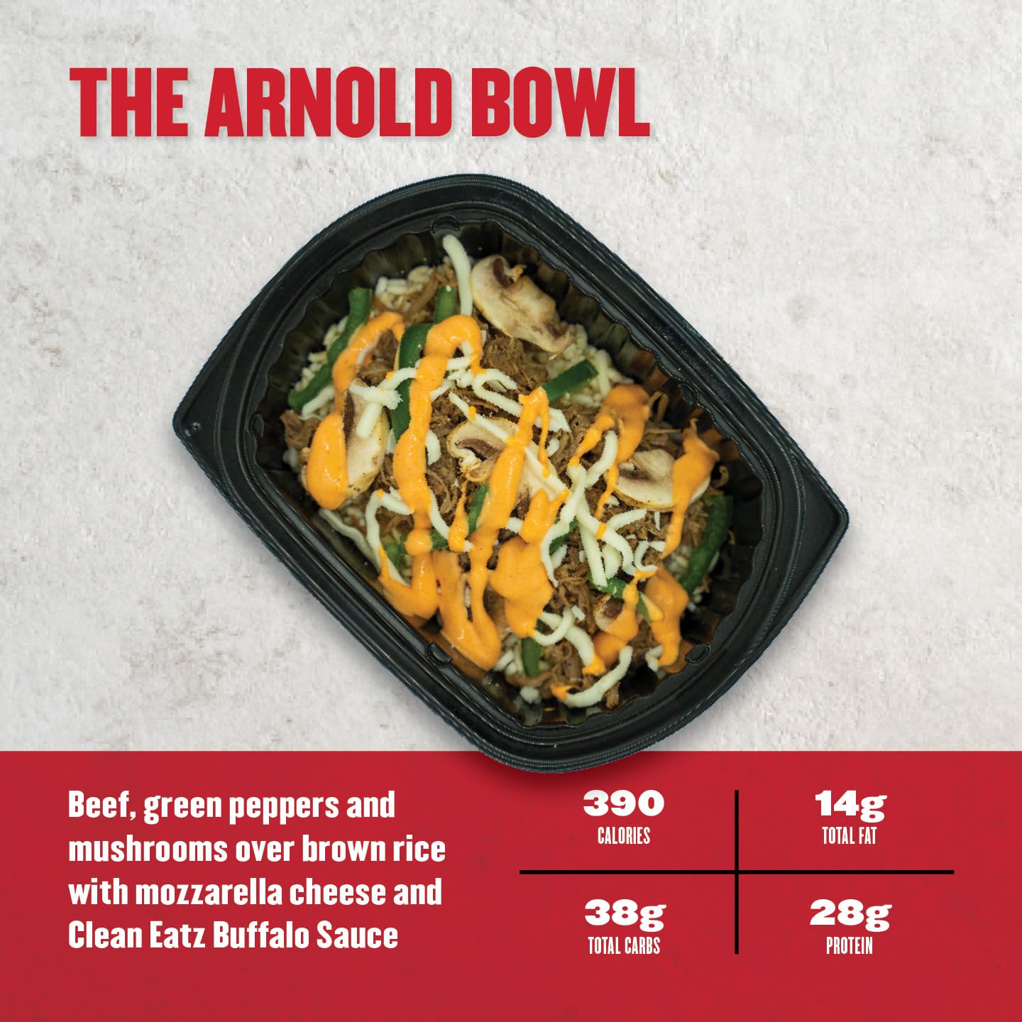 The Arnold Bowl with ingredients and nutritional information on a gray background