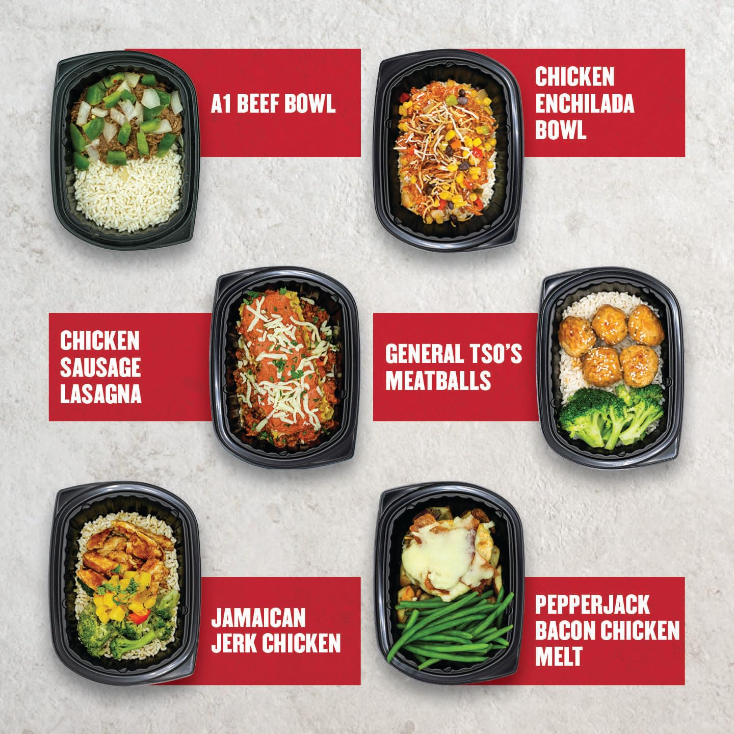 Assorted meal prep bowls with labels on a light gray background