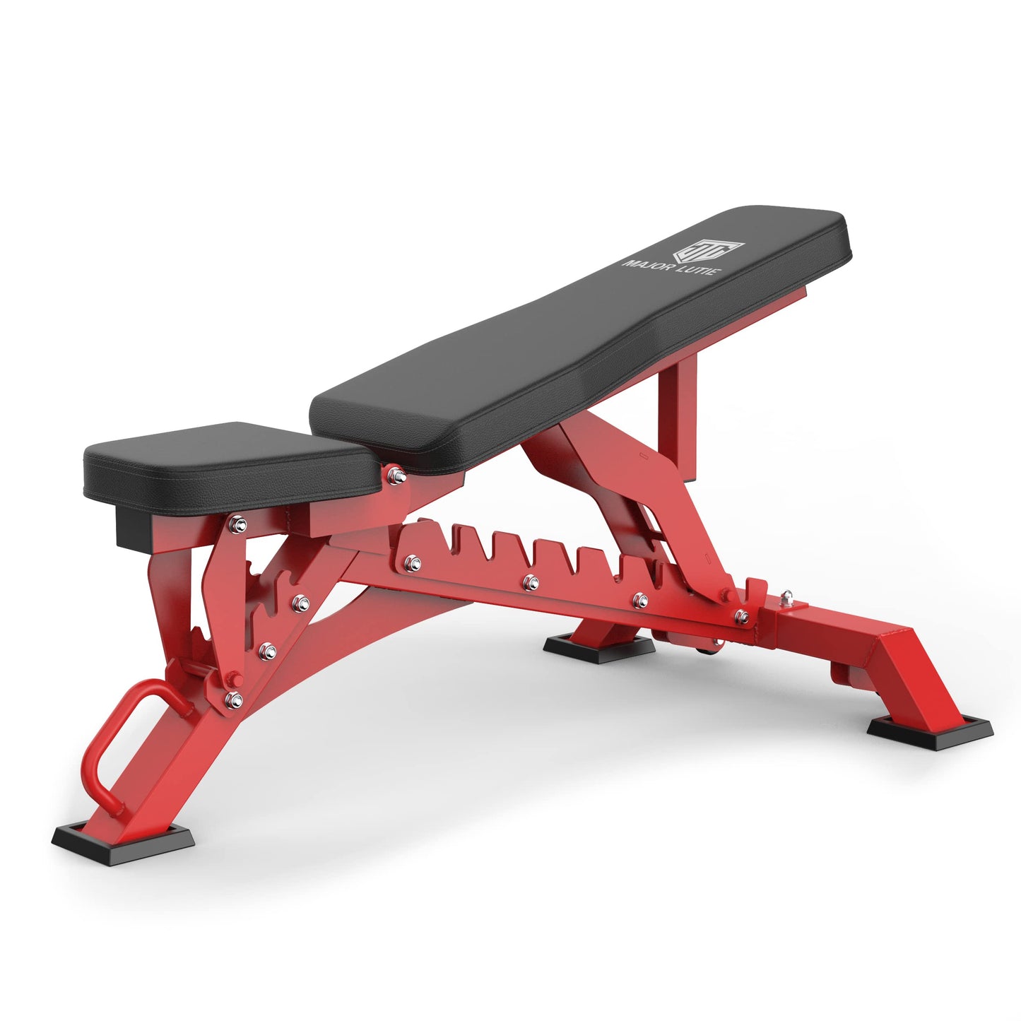 Red and black weight bench on a white background