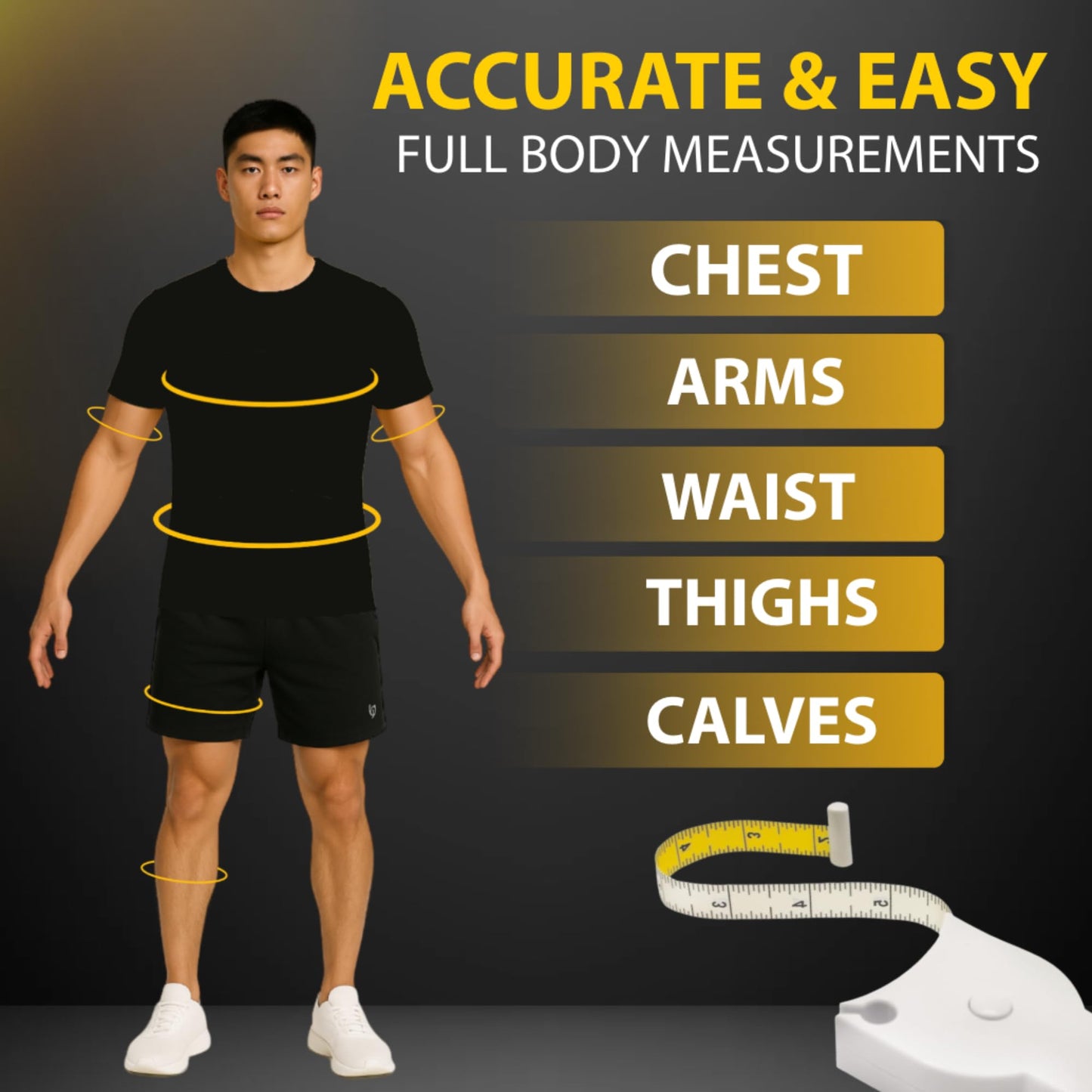 Man standing with body measurement points highlighted, accompanied by text 'Accurate & Easy Full Body Measurements' and a tape measure.