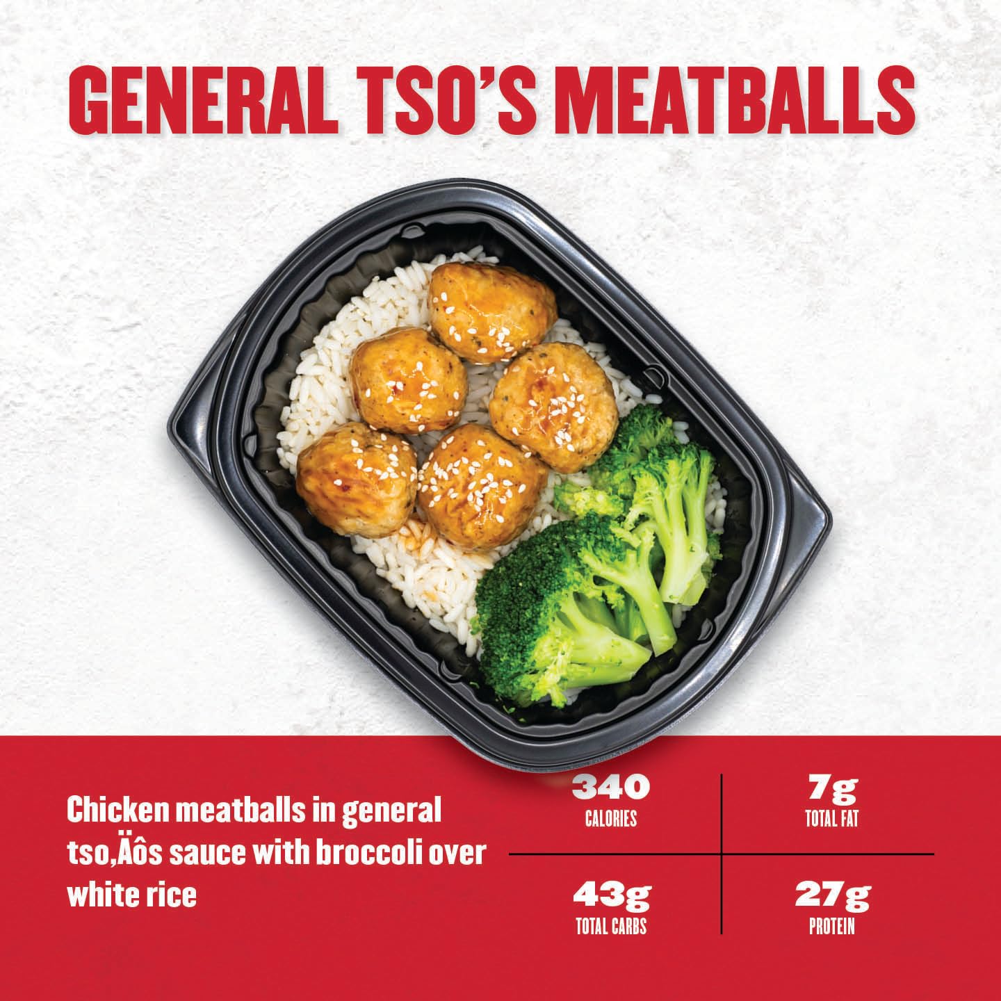 Container of General Tso's meatballs with rice and broccoli on a white background