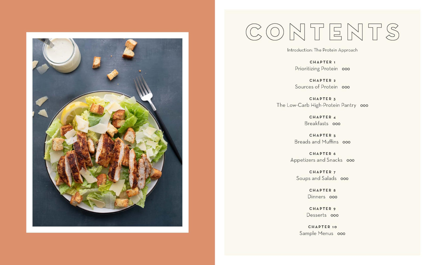 Book cover with a salad and a table of contents on a white background