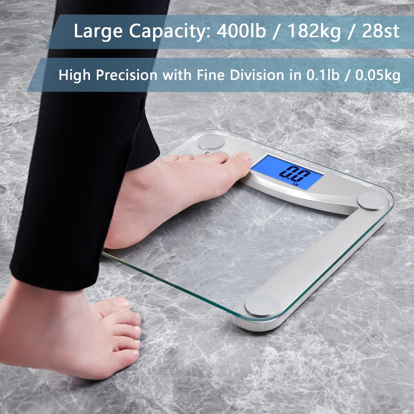 Digital bathroom scale with a person stepping on it, showing weight measurement.