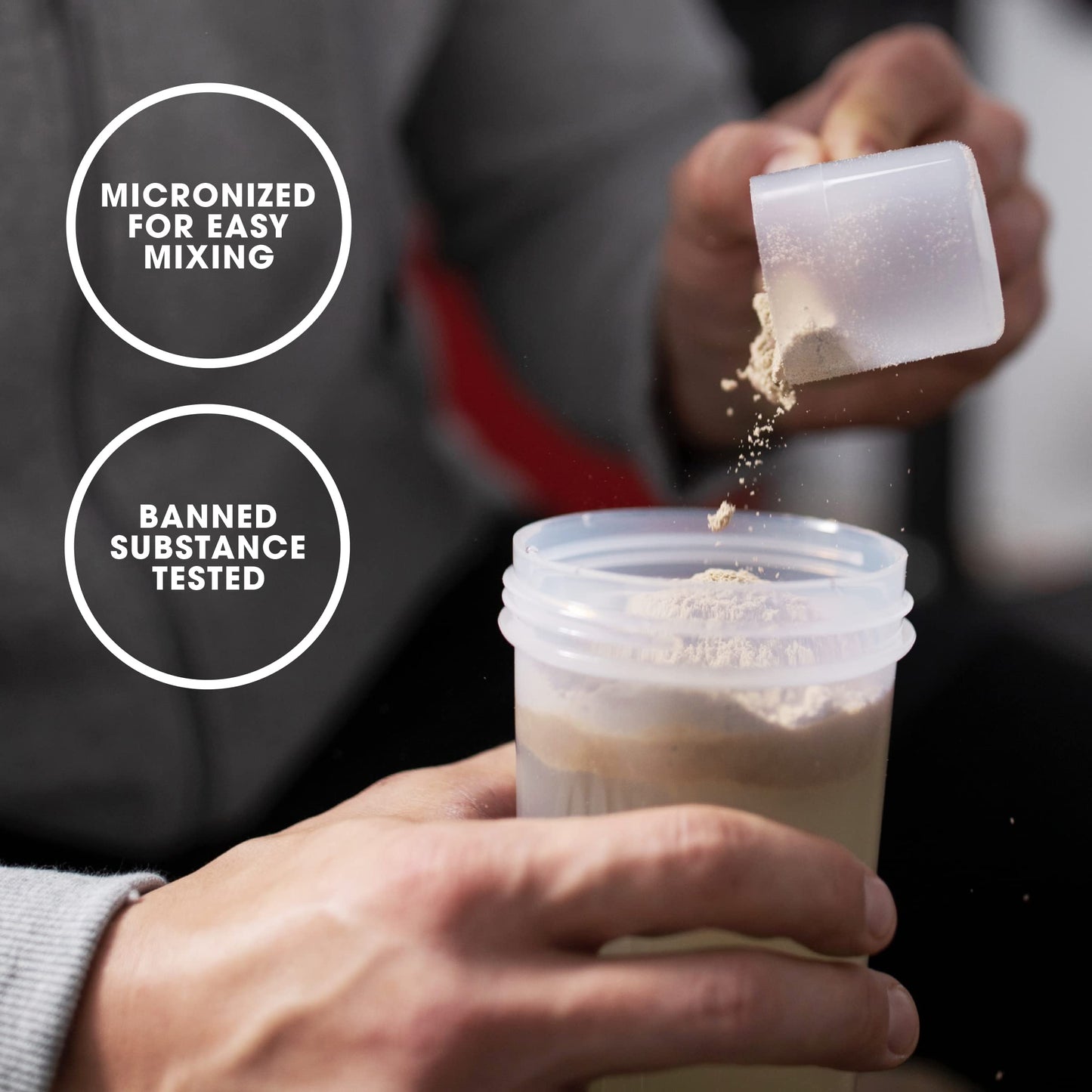 Person pouring a powder into a container with text about micronized powder and banned substance testing.