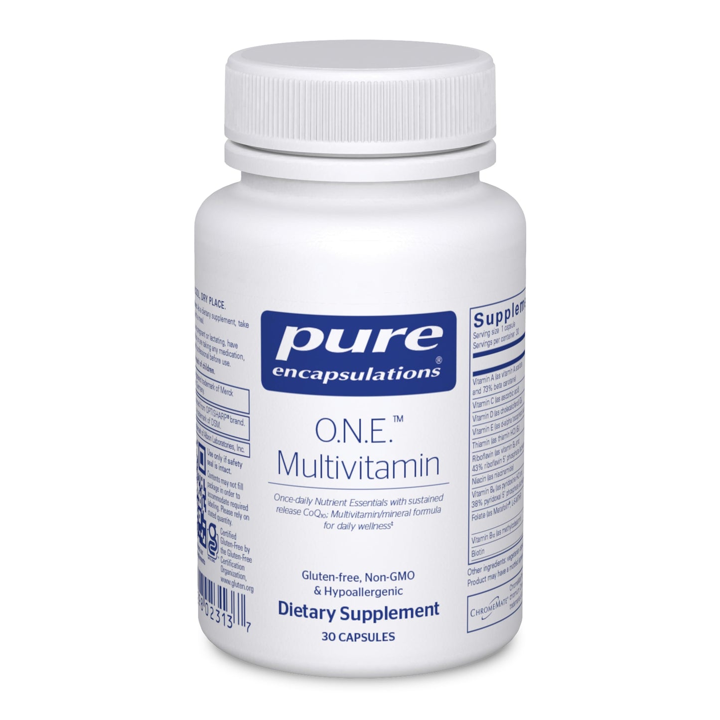 White supplement bottle labeled 'pure encapsulations O.N.E. Multivitamin' on a white background
