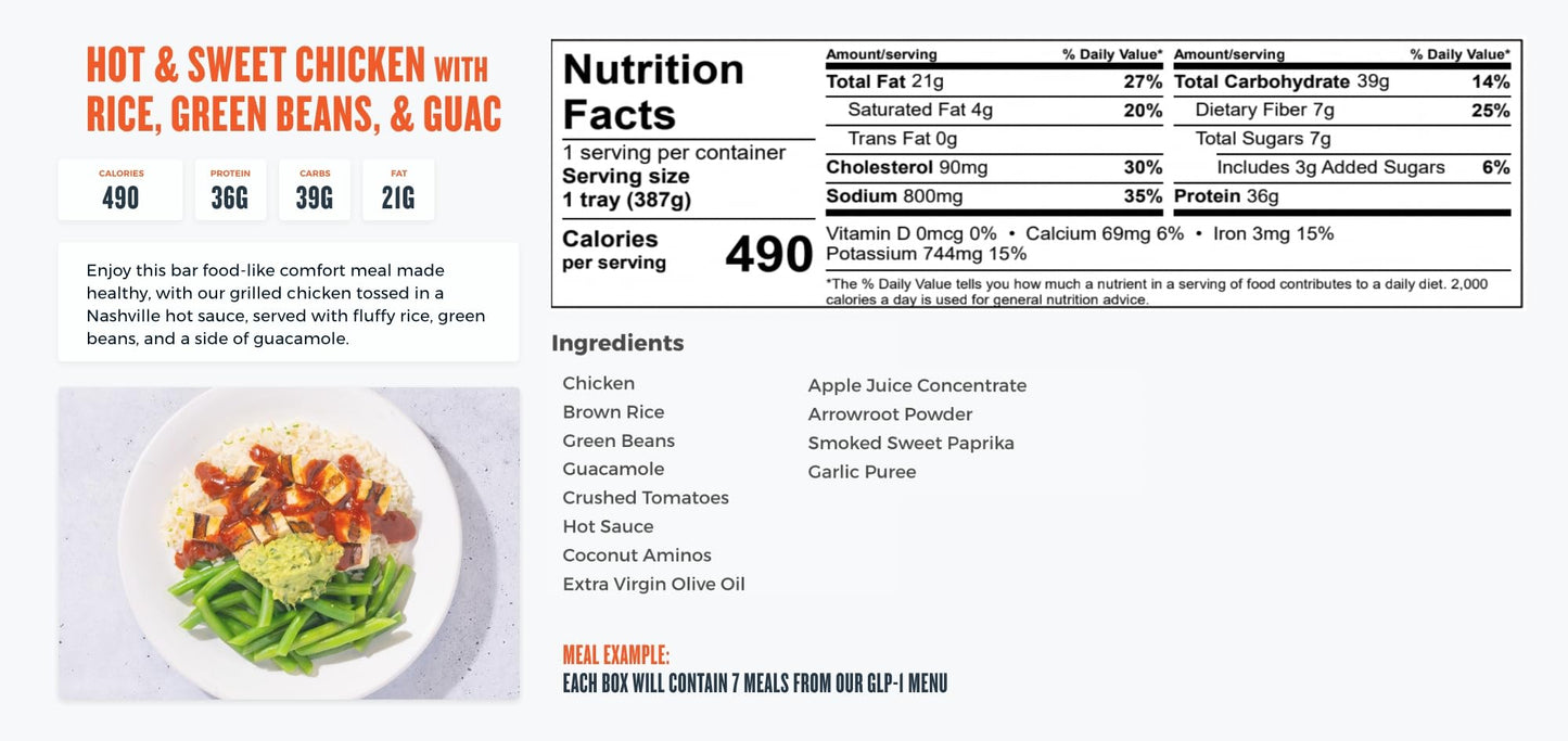 Nutrition label for hot and sweet chicken with rice, green beans, and guac, including calories and ingredients.