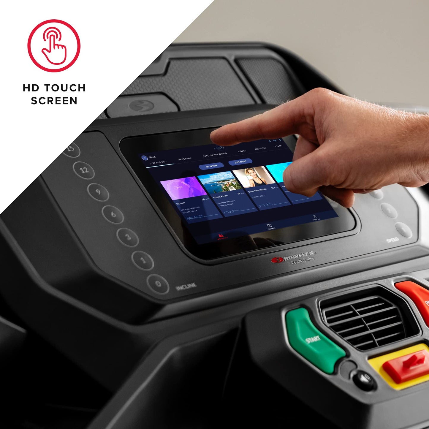 Hand interacting with an HD touch screen on a treadmill, with 'HD Touch Screen' logo in the corner.