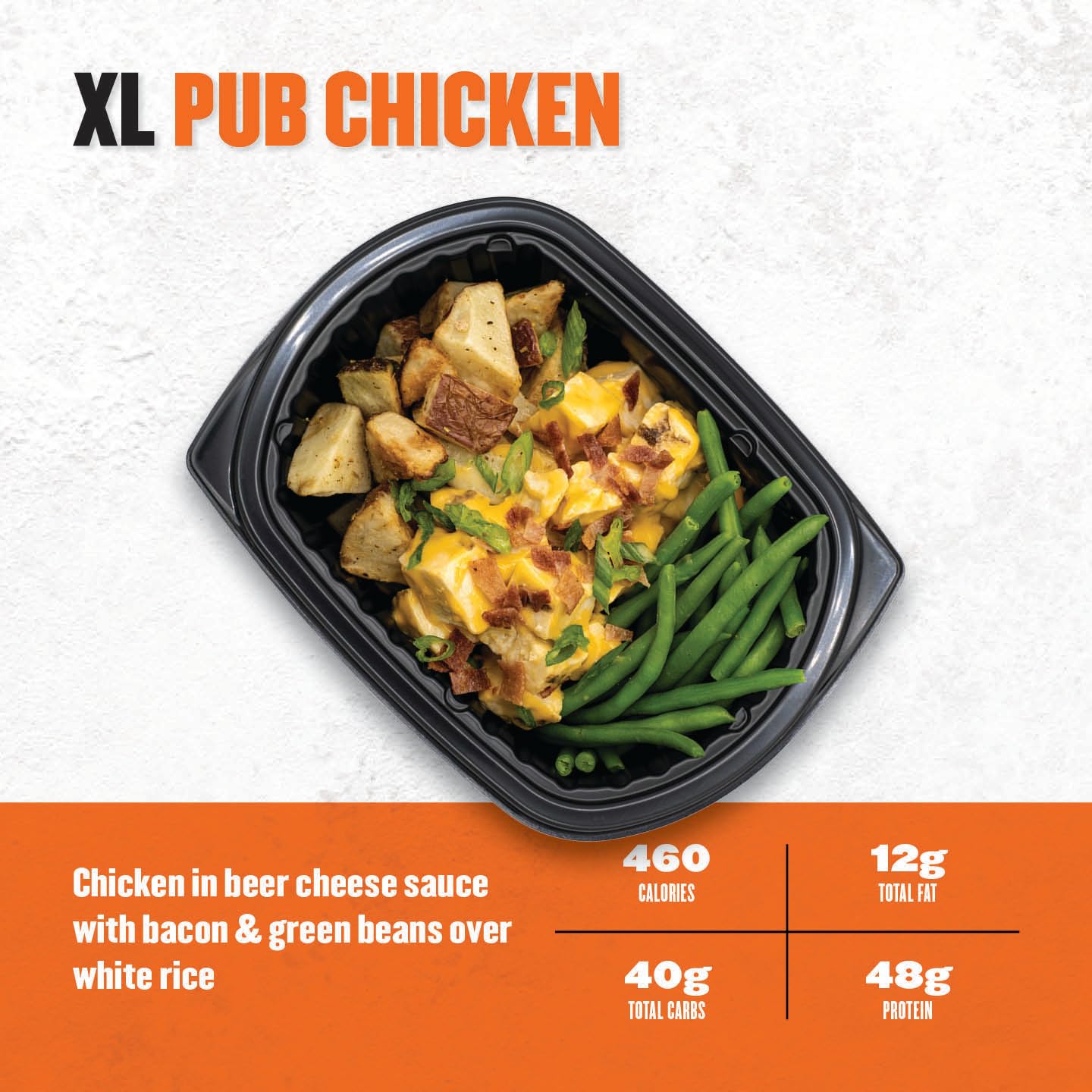 Meal container with XL Pub Chicken dish on a white background