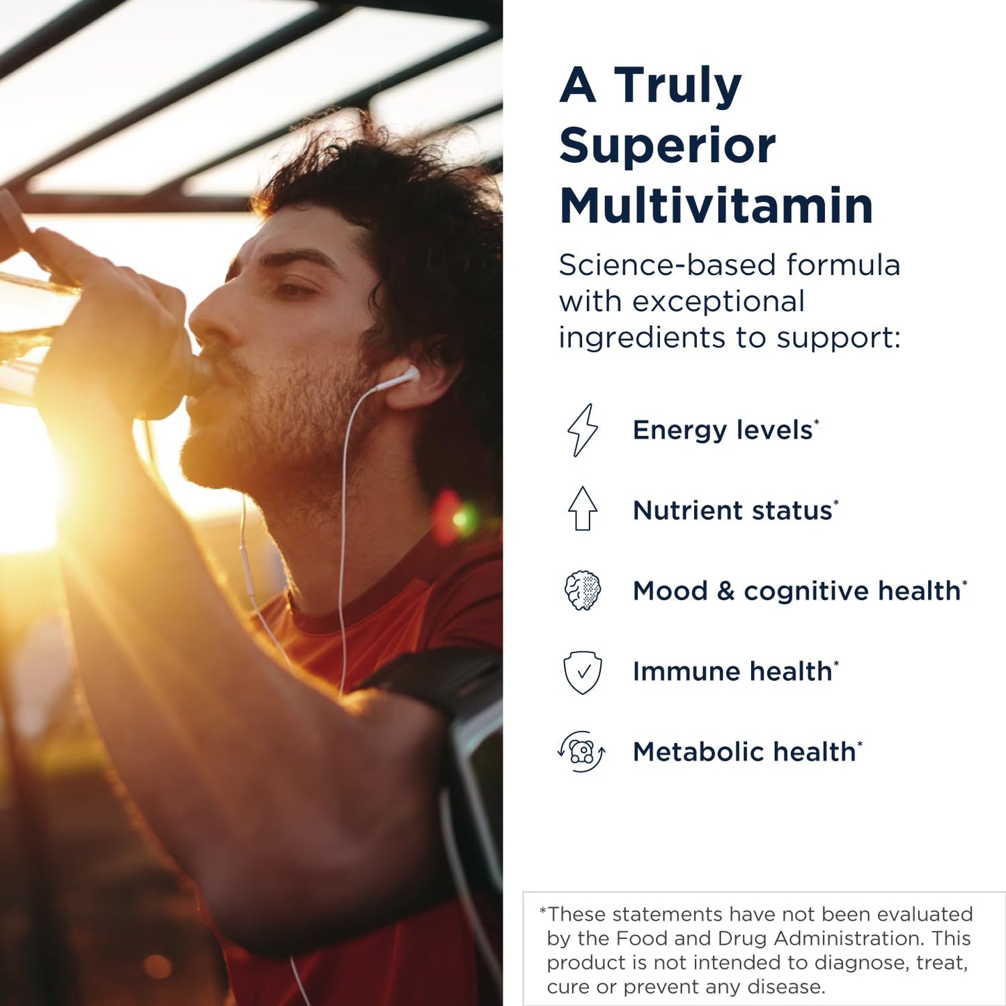 Man exercising outdoors with text about a multivitamin supplement