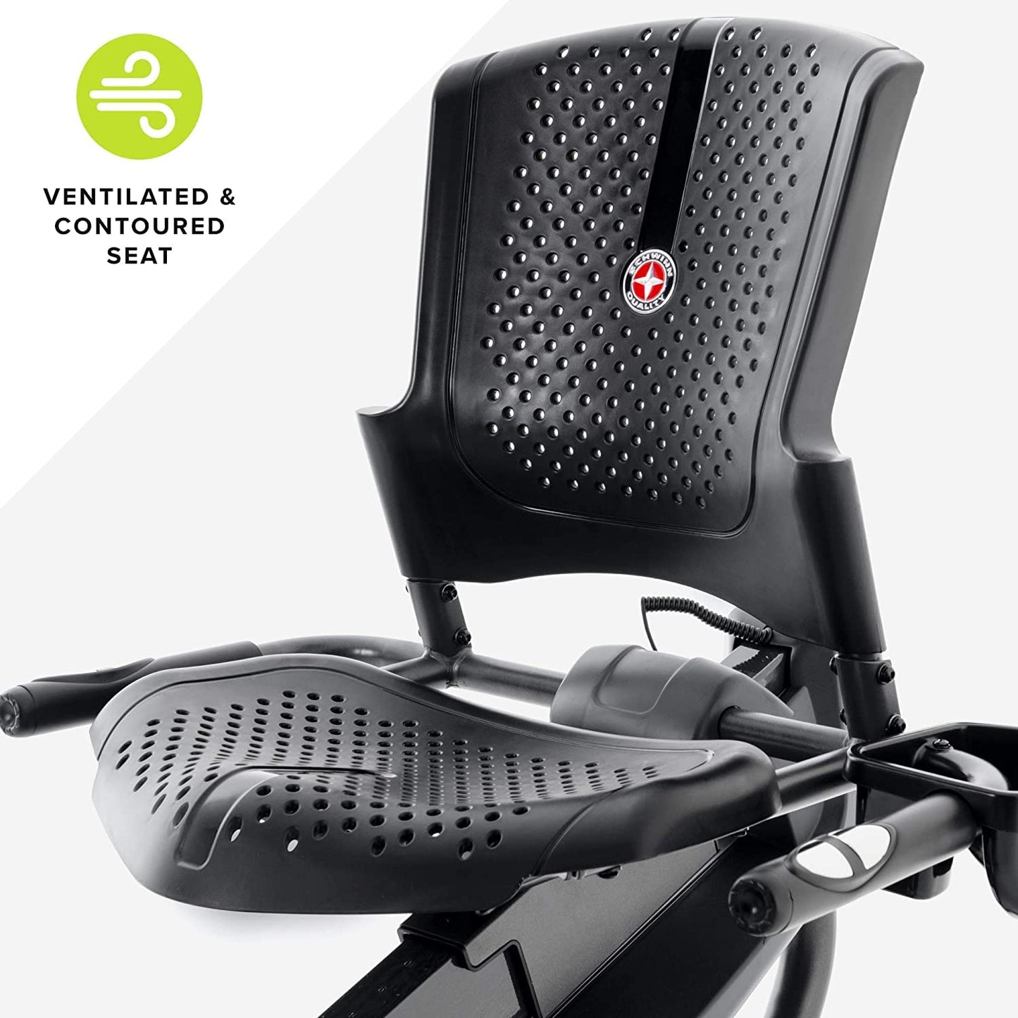 Black bicycle seat with text 'Ventilated & Contoured Seat' on a white background