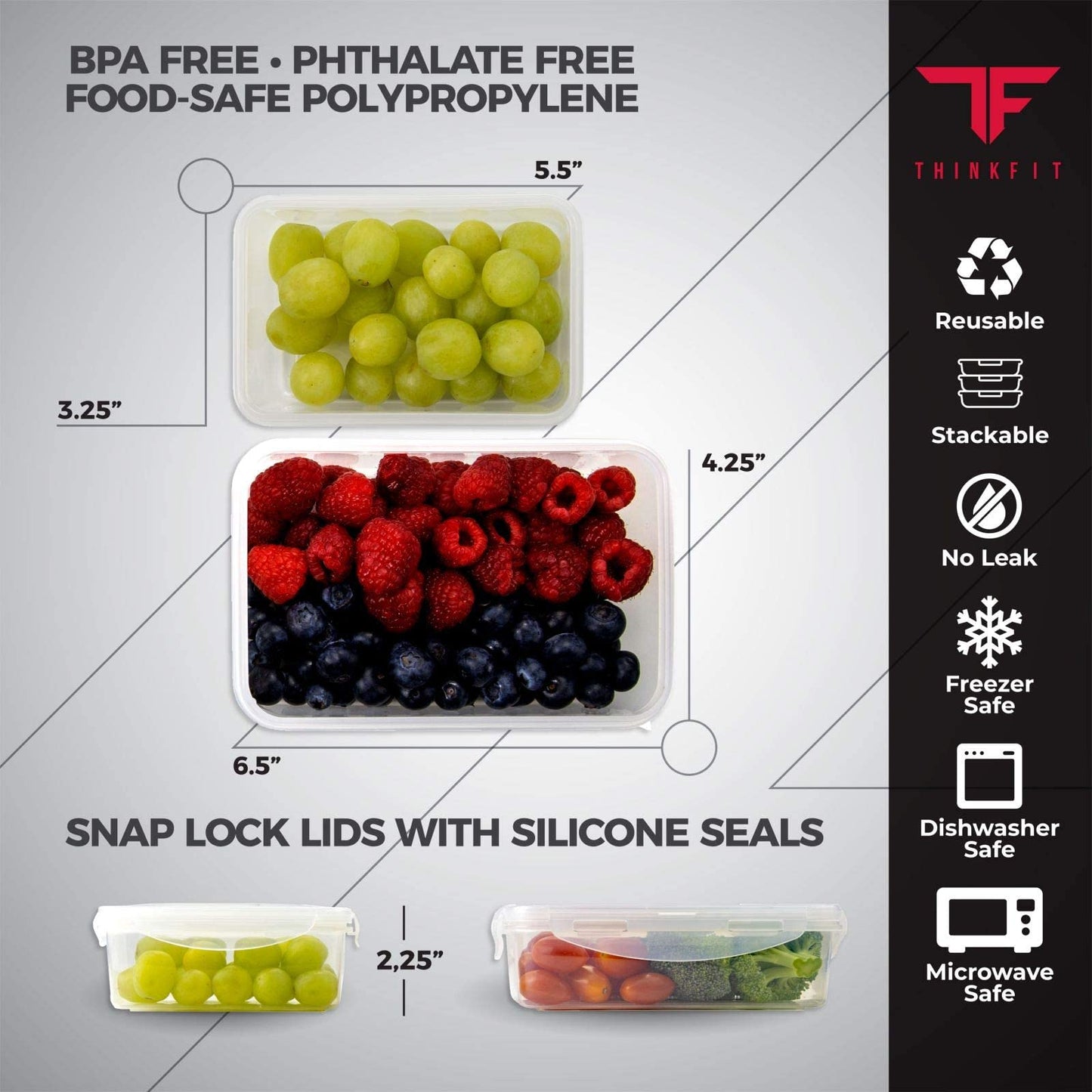 Thinkfit food storage containers with fruits and vegetables, featuring dimensions and features on a gray background.