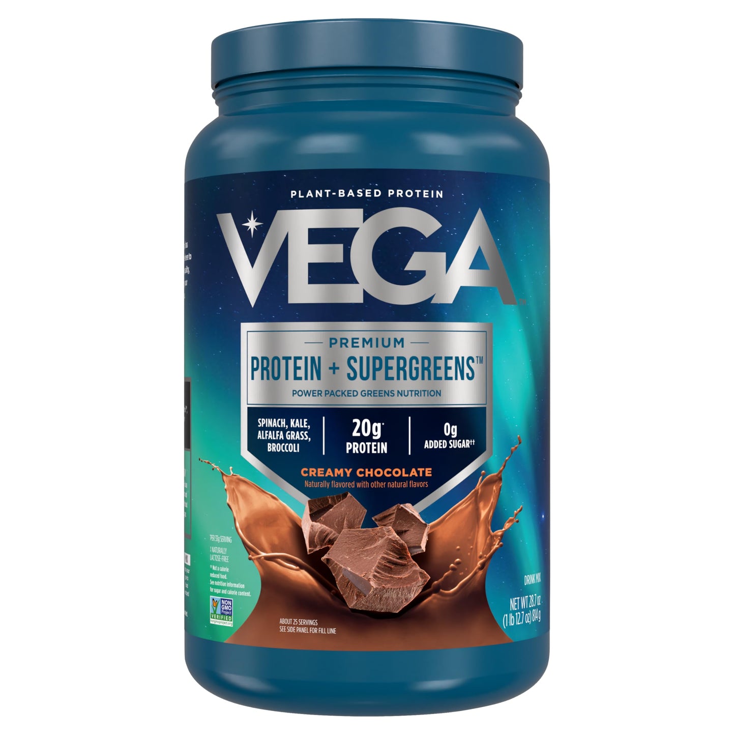 Vega protein supplement container with chocolate flavor on a white background