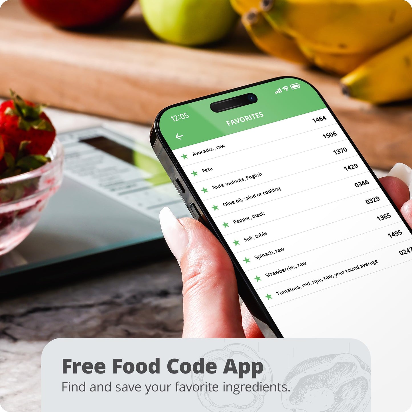 Hand holding a smartphone with a food app displaying ingredients on a kitchen counter.