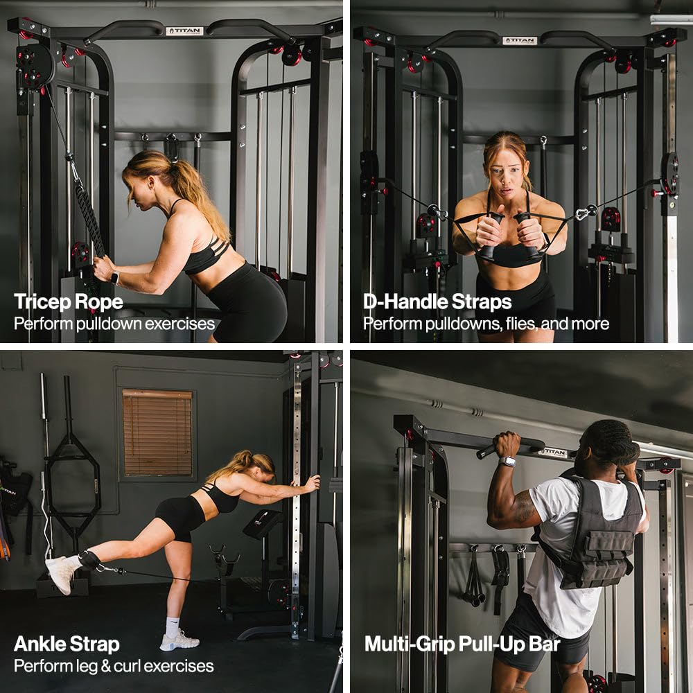 Gym equipment including tricep rope, D-handle straps, ankle strap, and multi-grip pull-up bar with users demonstrating their use.