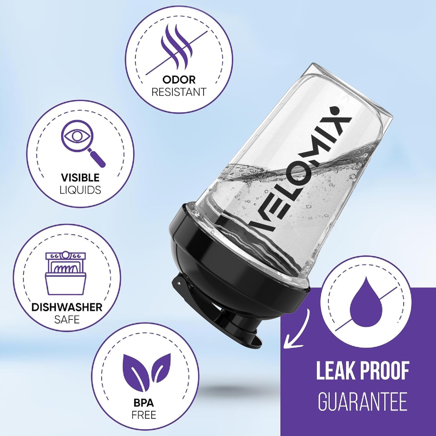 Elomix water bottle with features highlighted on a light blue background